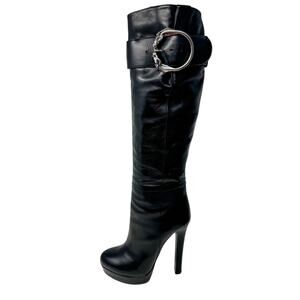 Gucci Josephine Black Horsehead Horsebit Knee High Tall Platform Boots size 38.5